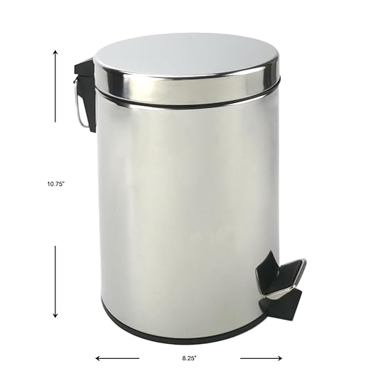 Stainless Steel Small Trash Can with Lid & Step Pedal - 5 Liters/1.3 Gallon Soft Close Waste Basket with Removeable Inner Bucket - Garbage Can for Bathroom, Bedroom, Kitchen & Office (Chrome)