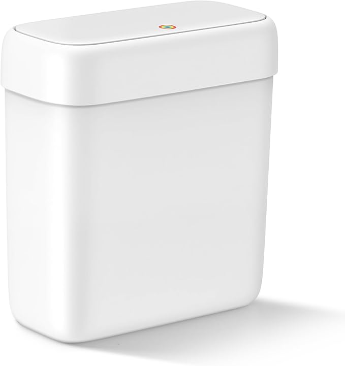 MOPALL Small Bathroom Trash Can with Lid, 2.6 Gallons / 10 L Slim Plastic Garbage Bin with Pop-Up Lid, Mini Waste Basket Can Dog Proof for Kitchen, Bedroom, Office, Laundry, Toilet, Rv, White