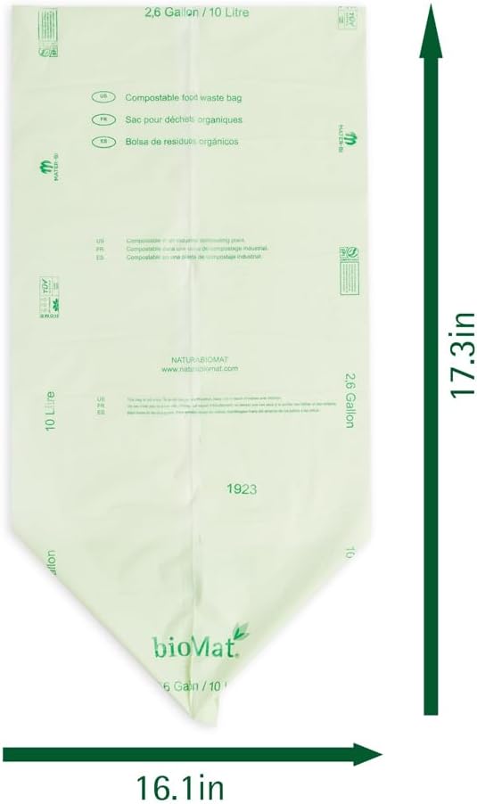 bioMat 2.6 Gallon Compostable Trash Bags, 125 Count, Compost Bags for Countertop Bins, BPI ASTM D6400 and CMA Certified Small Trash Bags