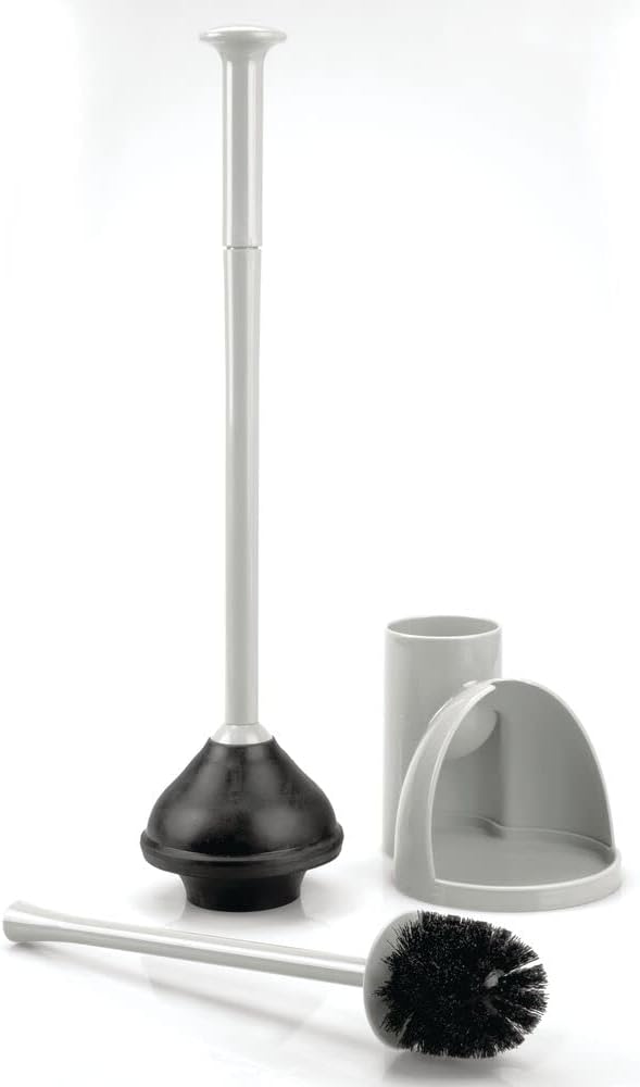 mDesign Hidden Plunger and Brush Set for Toilet Bowl - Brush Cleaner and Plunger Combo with Holder Caddy for Bathroom - Modern Toilet Brush and Plunger Set - Aura Collection - Light Gray