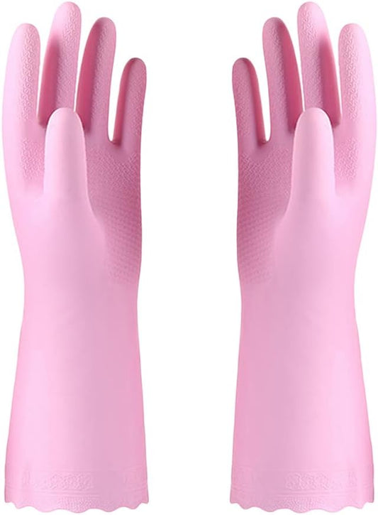 Alimat PluS 1 Pack Reusable Cleaning Gloves Latex Free (Medium), Dishwashing Gloves with Cotton Flock Liner and Embossed Palm, Waterproof Household Gloves for Laundry, Gardening(Pink)