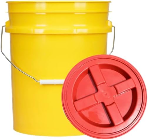 House Naturals 5 Gallon Food Grade Plastic Bucket with Air Tight Screw on Lid Made in USA Container (Yellow Bucket with Red Lid)