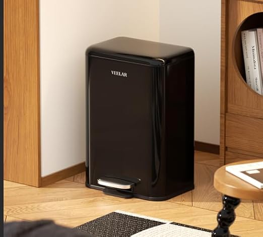 Kitchen Bathroom Trash Can - Stainless Steel Garbage Cans with Foot Pedal, Recycling Bin with Lid for Office Bathroom Decor (Black, 6 Liter / 1.6 Gallon)
