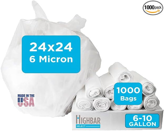 24" x 24" Clear Trash Bags, 6-10 Gallon Trash Bag, 1000 Count, 6 Micron, Value Pack, For Lightweight Trash for Small Wastebaskets, For Home and Office Use