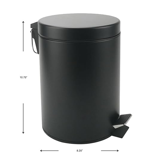 Stainless Steel Small Trash Can with Lid & Step Pedal - 5 Liters/1.3 Gallon Soft Close Waste Basket with Removeable Inner Bucket - Garbage Can for Bathroom, Bedroom, Kitchen & Office (Black)