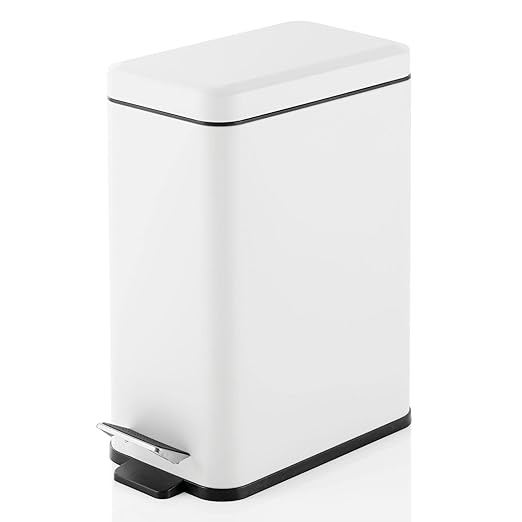 mDesign Pedal Bin — Waste Bin with Pedal, Lid and Plastic Bucket Insert for Bathroom, Kitchen, and Office — Metal Household Rubbish Bin with Ergonomic Design — White