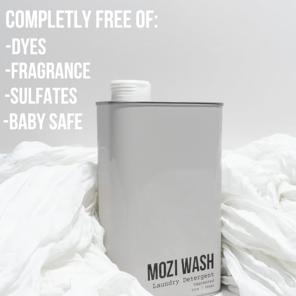 Mozi Wash Laundry Detergent Liquid, Unscented, 50+ Loads, Concentrated, Non toxic, Plant Based Enzyme Cleaner, Phosphate & Paraben Free, Long Lasting Luxury Clean, Scent Free, 32 oz Recyclable Bottle