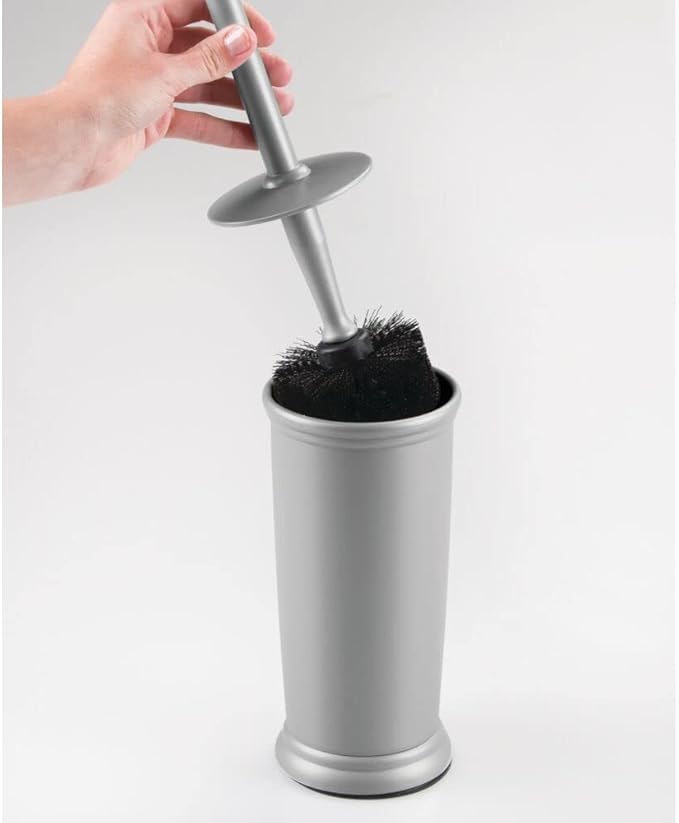 mDesign Toilet Bowl Brush and Holder - Covered Bathroom Toilet Brush - Standing Toilet Bowl Scrubber in Modern Holder - Compact, Space Saving, Deep Cleaning Brush for Toilet - Hyde Collection - Gray