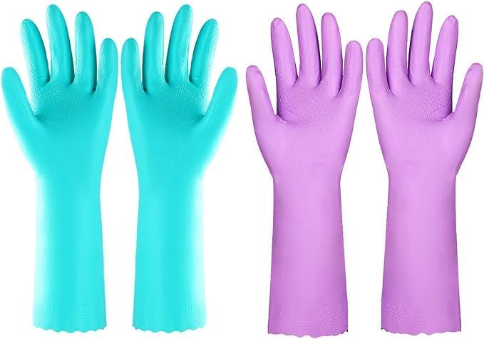 Elgood Reusable Dishwashing Cleaning Gloves with Latex free, Cotton lining,Kitchen Gloves 2 Pairs,Purple+blue large