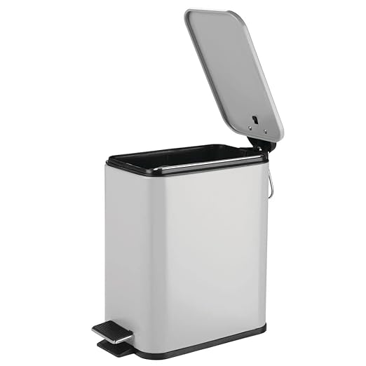 mDesign Slim Metal Rectangle 1.3 Gallon/5 Liter Trash Can with Step Pedal, Easy-Close Lid, Removable Liner - Narrow Wastebasket Garbage Container Bin for Bathroom, Bedroom, Kitchen - Matte Gray