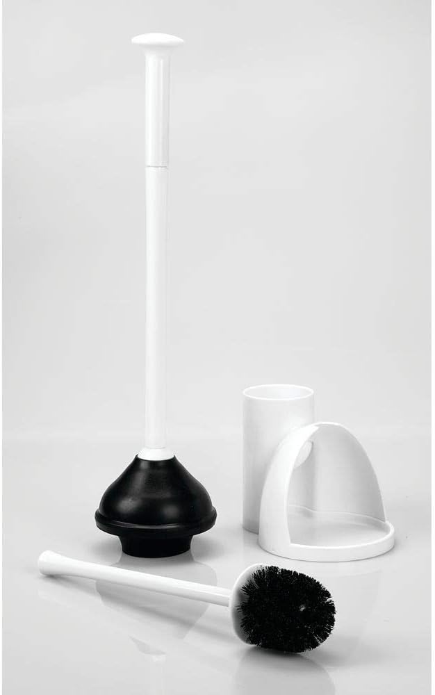 mDesign Hidden Plunger and Brush Set for Toilet Bowl - Combo with Holder Caddy - Modern Toilet Brush and Plunger Set - Aura Collection - White