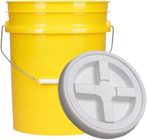 House Naturals 5 Gallon Plastic Yellow Food Grade Made in USA Bucket Pail with Double Gasket Screw on Lid (Pack of 3) (Yellow and White lids)