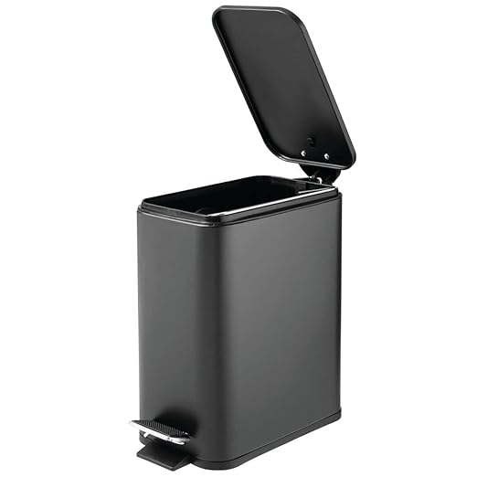 mDesign Slim Metal Rectangle 1.3 Gallon/5 Liter Trash Can with Step Pedal, Easy-Close Lid, Removable Liner - Narrow Wastebasket Garbage Container Bin for Bathroom, Bedroom, Kitchen - Black