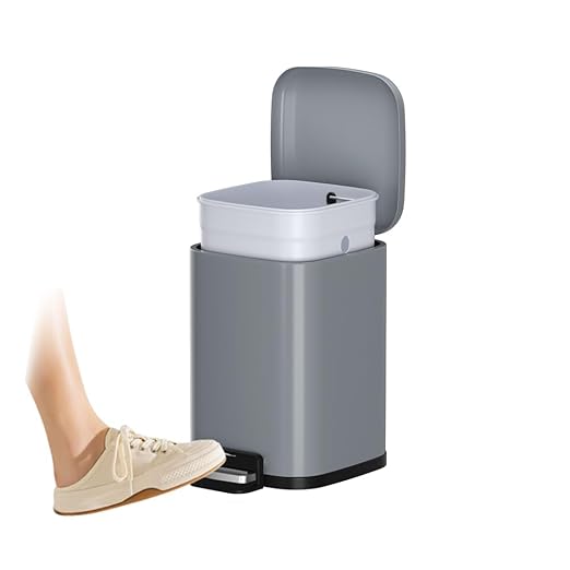 2.6gal Step-Open Trash Can，Small Bathroom Garbage Can with Soft-Close Lid,Fingerprint Resistant Trash Bin for Bathroom,Bedroom,Living Room,Office,Hotel (2.6gal-Gery)
