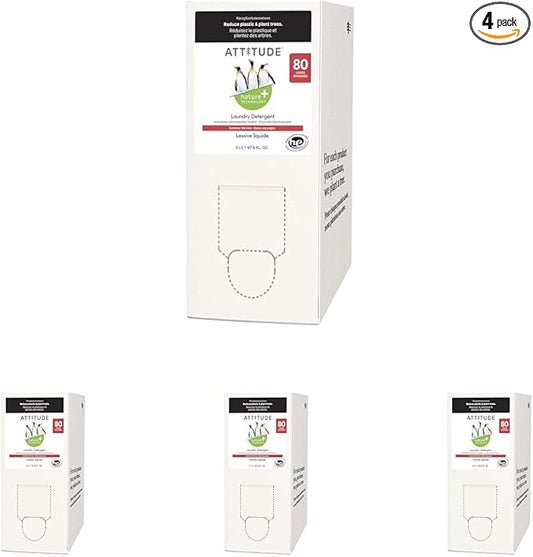 ATTITUDE Liquid Laundry Detergent Refill, EWG Verified, HE Compatible, Plant-Based & Vegan, Natural Laundry Soap, Summer Berries Scent, 80 Loads, 67.6 Fl Oz (Pack of 4)