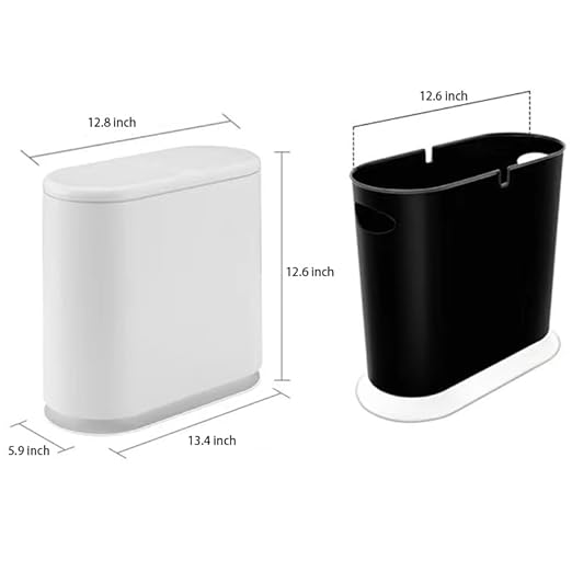 Black Slim Rectangular Plastic Trash Can with Press Type Lid,12 Liter / 3.2 Gallon Narrow Trash Bin with Pop-up Lid for Toilet,Bedroom,Bathroom,Office,Kitchen,Powder Room