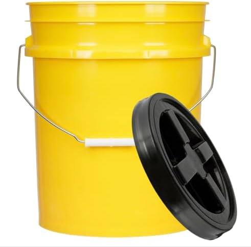 House Naturals 5 Gallon Food Grade Plastic Bucket with Air Tight Screw on Lid Made in USA Container (Yellow Bucket with Black Lid)