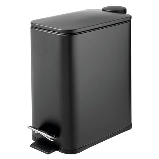 mDesign Slim Metal Rectangle 1.3 Gallon/5 Liter Trash Can with Step Pedal, Easy-Close Lid, Removable Liner - Narrow Wastebasket Garbage Container Bin for Bathroom, Bedroom, Kitchen - Black