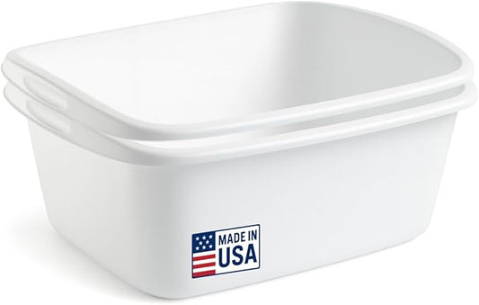 Tribello 2-Pack Dish Pans for Kitchen Sink, Plastic Tub Dishpan Wash Basin and Foot Bath for Soaking Feet, Wash Bucket for Washing and Storage Cleaning Supplies - 12 Quarts - Heavy Duty - (White)