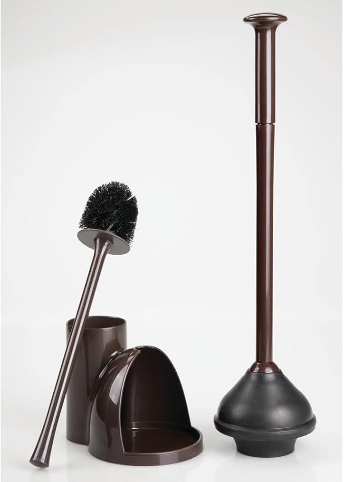 mDesign Hidden Plunger and Brush Set for Toilet Bowl - Brush Cleaner and Plunger Combo with Holder Caddy for Bathroom - Modern Toilet Brush and Plunger Set - Aura Collection - 2 Pack - Dark Brown