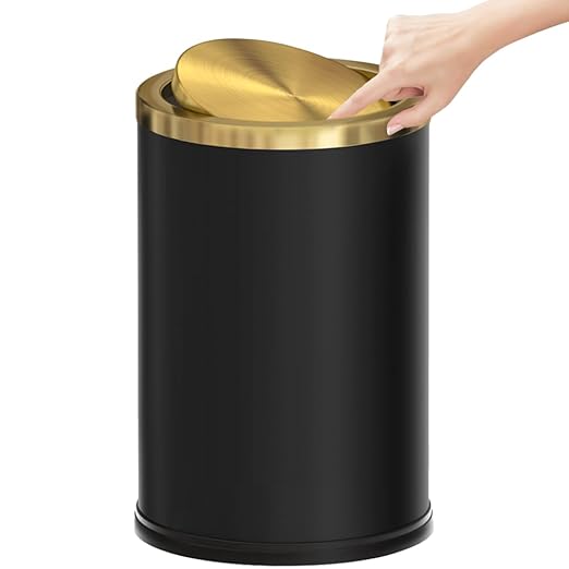 Stainless Steel Wastebasket, Small Black and Gold Trash Can with Lid, 9L / 2.4 Gallon for Bathroom, Bedroom, Office, Hotel