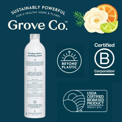 Grove Co. Ultimate Dish Soap Refills (3 x 16 Fl Oz) Removes 48-hr Stuck-on Food & Grease, No Plastic or Parabens, 100% Natural Orange & Rosemary Fragrance