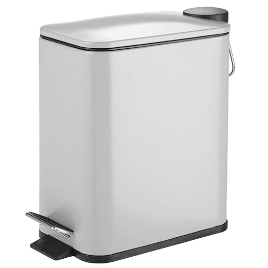 mDesign Slim Metal Rectangle 1.3 Gallon/5 Liter Trash Can with Step Pedal, Easy-Close Lid, Removable Liner - Narrow Wastebasket Garbage Container Bin for Bathroom, Bedroom, Kitchen - Matte Gray