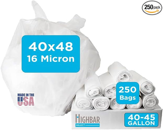 Clear Trash Bags,40-45 Gallon Trash Bags, 40" x 48", 250 Count, 16 Micron, High Density, Ideal for Janitors, Facility Managers, Industrial, Recycling