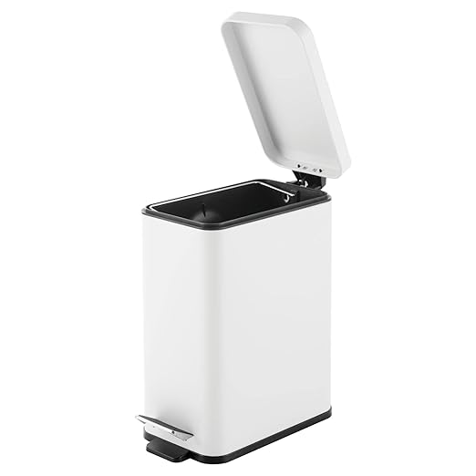 mDesign Pedal Bin — Waste Bin with Pedal, Lid and Plastic Bucket Insert for Bathroom, Kitchen, and Office — Metal Household Rubbish Bin with Ergonomic Design — White