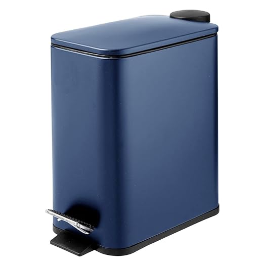 mDesign Rectangular Pedal Bin – 5 L Metal Waste Bin with Pedal, Lid and Plastic Bucket Insert – Household Rubbish Bin for Bathroom, Kitchen and Office – Navy