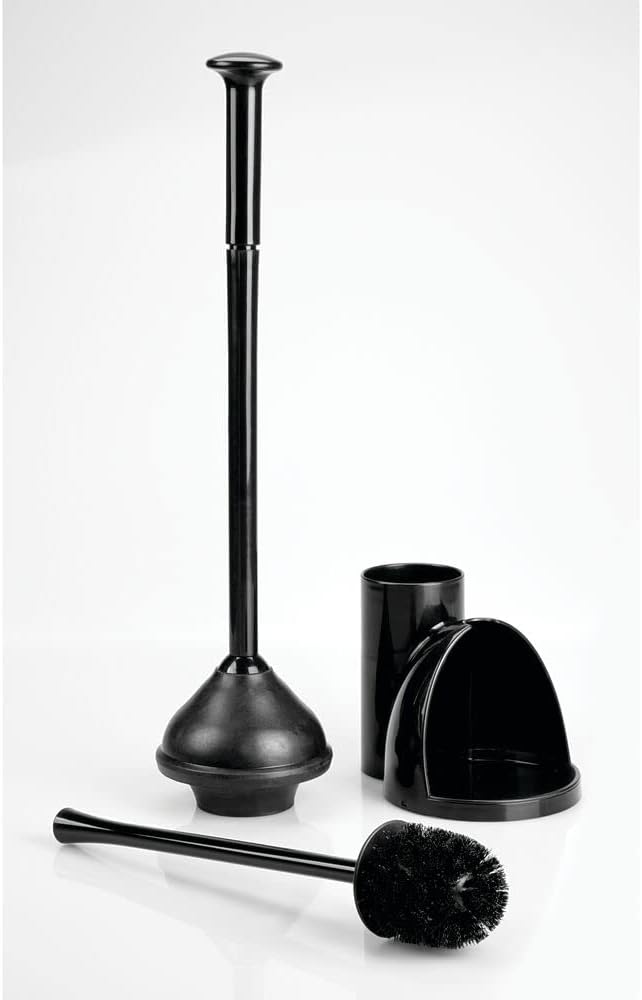 mDesign Hidden Plunger and Brush Set for Toilet Bowl - Brush Cleaner and Plunger Combo with Holder Caddy for Bathroom - Modern Toilet Brush and Plunger Set - Aura Collection - 2 Pack - Black