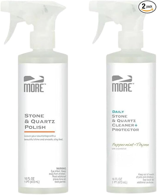 MORE - Twin Pack - Includes Stone & Quartz Cleaner + Polish - Granite, Quartz & Marble Cleaner & Polish - For Kitchen & Bathroom Countertops - Pack of 2 16oz Sprays - Peppermint-Thyme