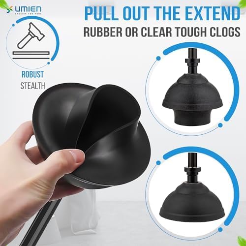 UMIEN 2 Pack Toilet Brush and Plunger Set 18-in - Updated 2025 No-Rust - Stainless Steel Design - Long Handles - with Freestanding Canister (Matte Black)