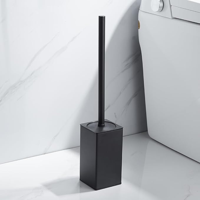 Toilet Bowl Cleaners Brush and Holder KWQKEM Freestanding Toilet Brush and Holder Set Modern with Lid 304 Stainless Steel (Matte Black)