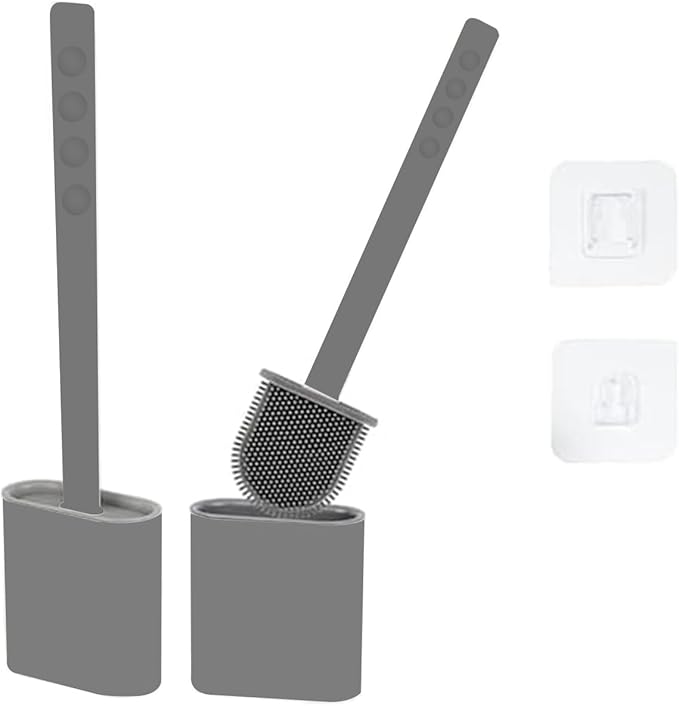 Silicone Toilet Brush and Holder Set – Pack of 2 Grey Wall Mounted Toilet Brush – Long Non-Slip Handle, Flexible Bristles for Easy Cleaning – Modern Toilet Scrubber Brush