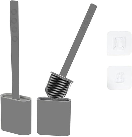 Silicone Toilet Brush and Holder Set – Pack of 2 Grey Wall Mounted Toilet Brush – Long Non-Slip Handle, Flexible Bristles for Easy Cleaning – Modern Toilet Scrubber Brush