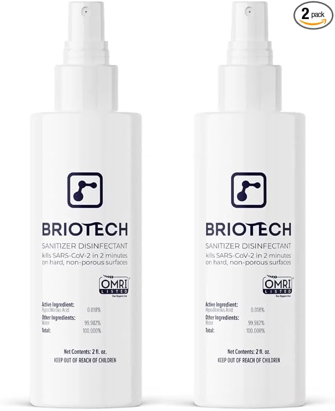 BRIOTECH Sanitizer Disinfectant Hypochlorous Spray, Kill 99.99% of Viruses & Bacteria, Control Mold, Eliminate Odor, Gentle for Nurseries, Food Contact Surface Sanitizer, 2 fl oz Travel Size (2 Pack)