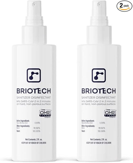 BRIOTECH Sanitizer Disinfectant Hypochlorous Spray, Kill 99.99% of Viruses & Bacteria, Control Mold, Eliminate Odor, Gentle for Nurseries, Food Contact Surface Sanitizer, 2 fl oz Travel Size (2 Pack)