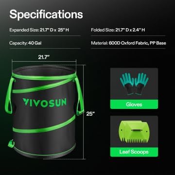 VIVOSUN Collapsible Trash Can 40-Gallon, Reusable Pop-Up Garden Bag with Hard-Shell Bottom, Leaf Scoops and Gloves, Yard Waste Container for Lawn Care and Camping