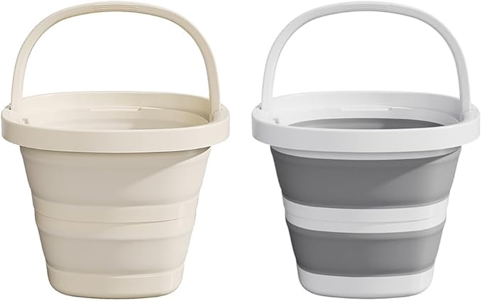 Collapsible Bucket Set, 2.6 Gallon, 2-Pack with Handles, Foldable Design for Camping, RV, Cleaning, Gray and Beige