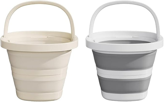 Collapsible Bucket Set, 2.6 Gallon, 2-Pack with Handles, Foldable Design for Camping, RV, Cleaning, Gray and Beige