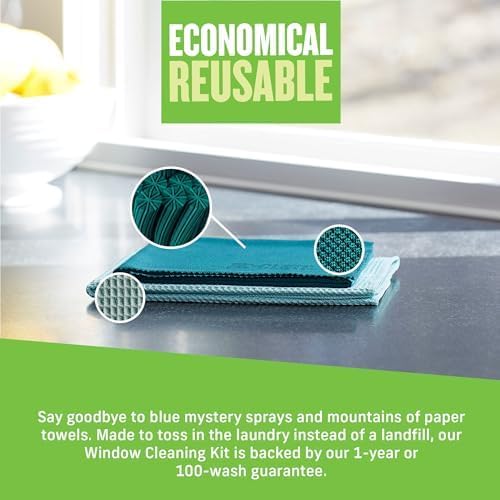 E-Cloth Window Cleaning Cloth - Eco Packaging - Glass Cleaning Cloth, Streak-Free Windows with Just Water, Microfiber Towel Kit for Windows, Car Windshield, Mirrors - Winter Green - 2pack
