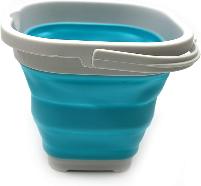 SAMMART 2.6L (0.68 Gallon) Super Mini Sqare Collapsible Plastic Bucket - Foldable Square Tub - Portable Fishing Water Pail - Space Saving Outdoor Waterpot (1, Grey/Bright Blue)