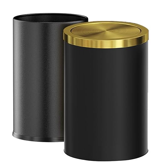 9L / 2.4 Gallon Black Metal Trash can with Lid, Fingerprint-Proof Garbage Can with Removable Inner, Metallic Gold Wastebasket for Bathroom,Bedroom,Dorm,Office,Hotel (Black Double Layers)