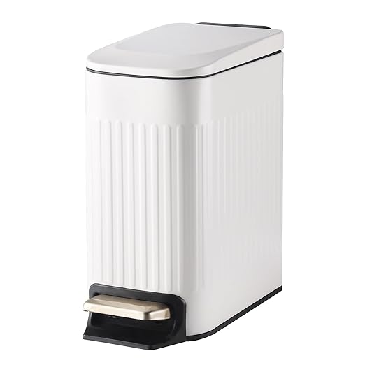 Slim Bathroom Trash Can with Lid Soft Close, Stainless Steel Garbage Can Step Trash Bin with Removable Inner Bucket for Bedroom, Office, Kitchen (Matt White, 1.8 Gallons)