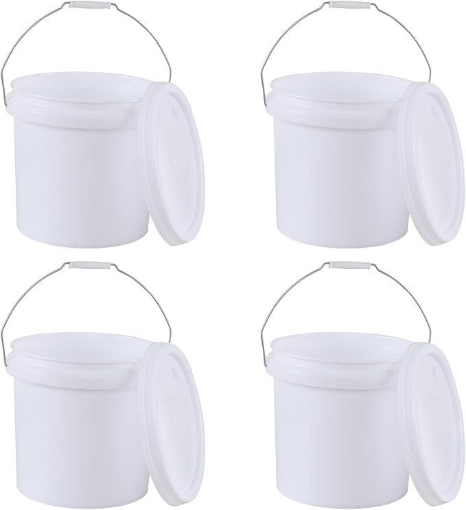 4 Packs Round Plastic Food Bucket with Lids, Plastic Pail with Handle, 4 Gallon, White