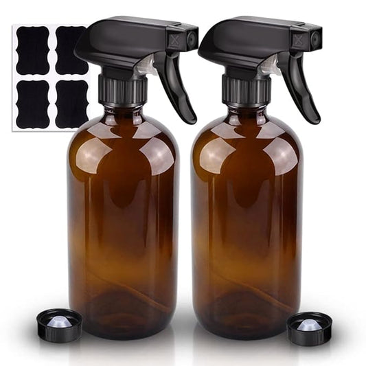 Wedama Amber Glass Spray Bottles, 2 Pack 16 oz Glass Spray Bottles for Cleaning Solutions and Essential Oils, Refillable Empty Spray Bottle with Adjustable Nozzles for Alcohol, Plant and Hair Care