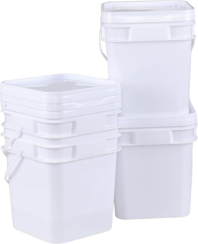 Teyyvn 4 Pcs 3 Gallon Square Bucket with Lid and Plastic Handles, White Plastic Utility Bucket Pail with Lid for Food Storage
