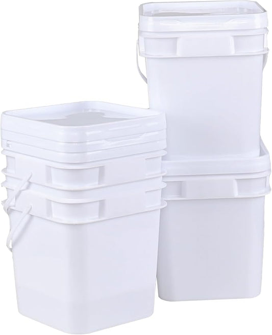 Teyyvn 4 Pcs 3 Gallon Square Bucket with Lid and Plastic Handles, White Plastic Utility Bucket Pail with Lid for Food Storage
