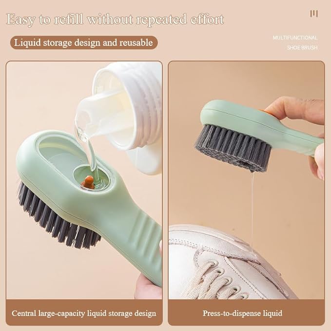 2pcs Soap Dispenser Shoe Brushes,Sneaker Brushes,Multifunftional Shoe Brushes with Soap Dispenser, Long Handle Shoe Brush, Carpet and Kids Toys - Travel-Friendly Design (Green & Cream)